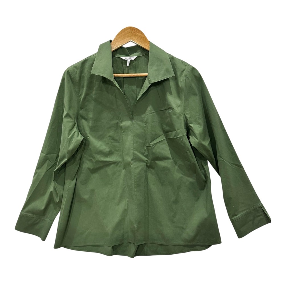 Foxcroft Women's M Oliver Green No Iron Stretch Cotton Popover Long Sleeve Shirt